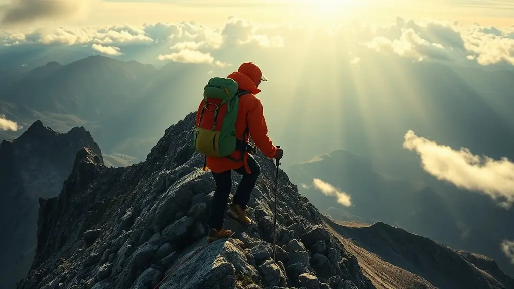A person climbing a mountain, symbolizing overcoming challenges and achieving goals through a positive mindset.