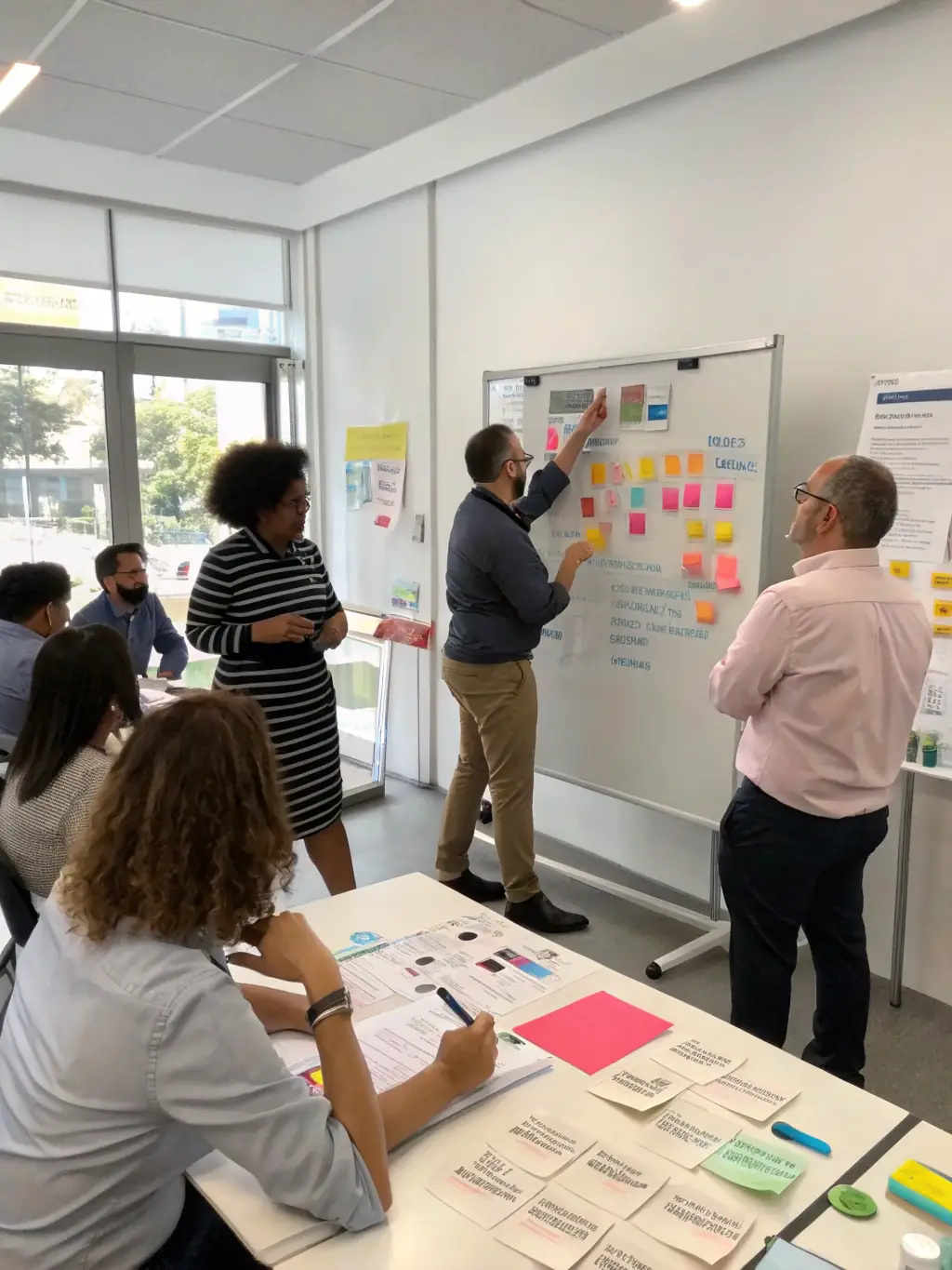 A group of professionals participating in a lively workshop, engaging with a coach and using flipcharts, representing Career Growth Workshops.